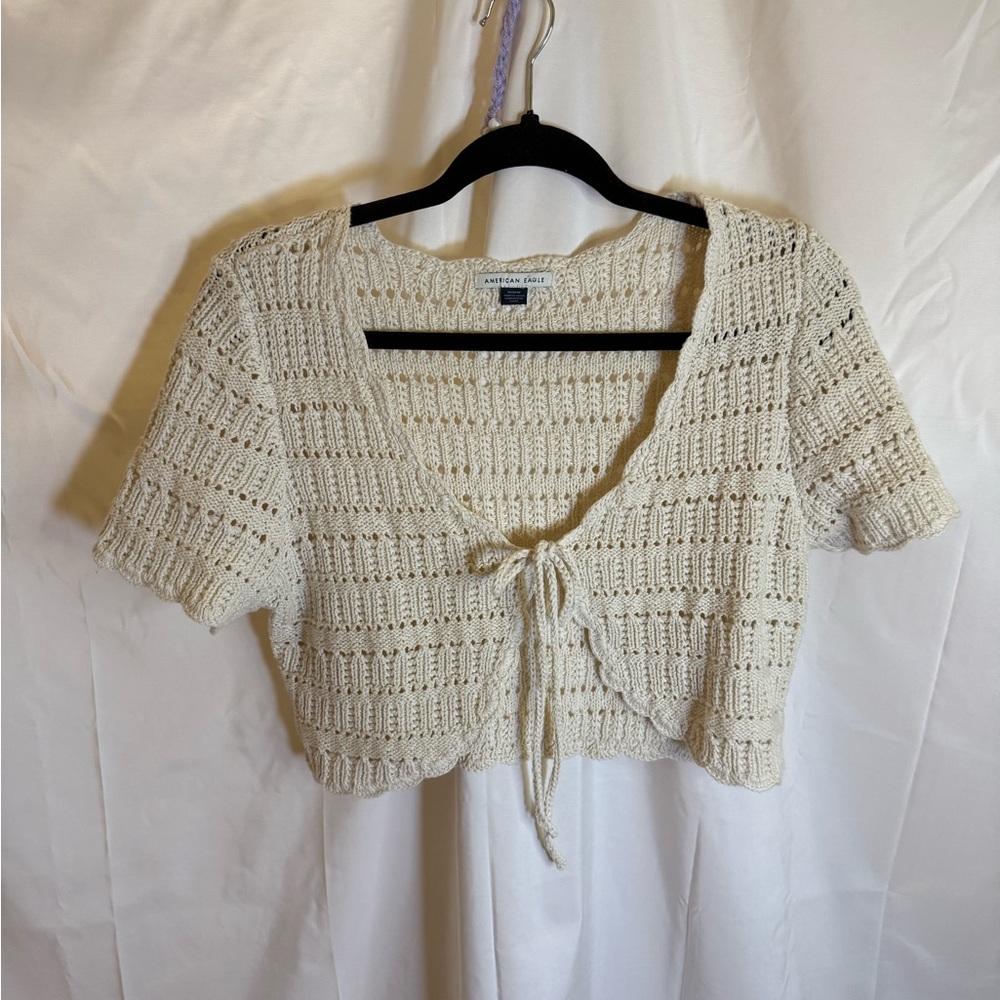Cream tie front Knit Cropped short sleeve cardigan top